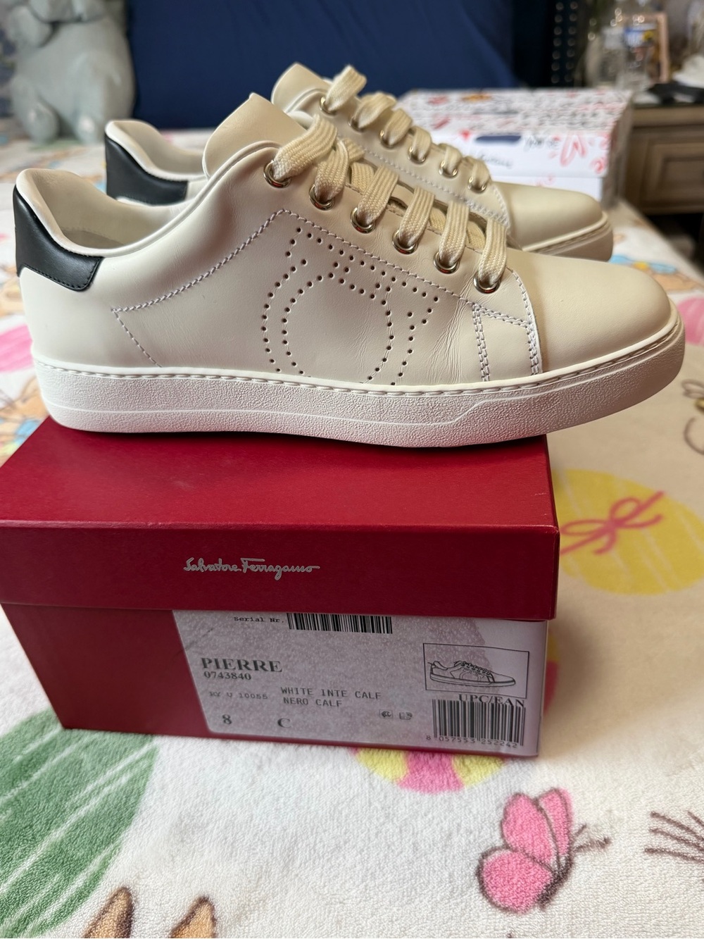 Salvatore Ferragamo Cream Leather Sneakers with Black Heel